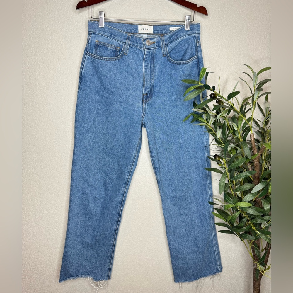 Frame Le Jane Crop Jeans Size 27‎ High Rise Straight Leg Raw Hem Blue Denim